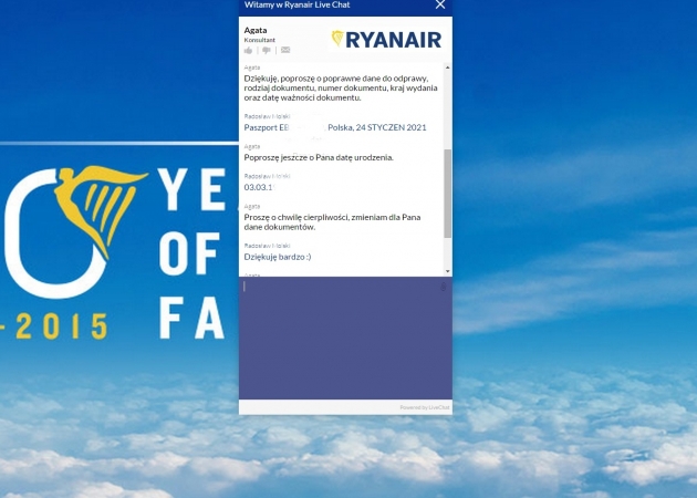 Błąd, pomyłka przy odprawie online Ryanair